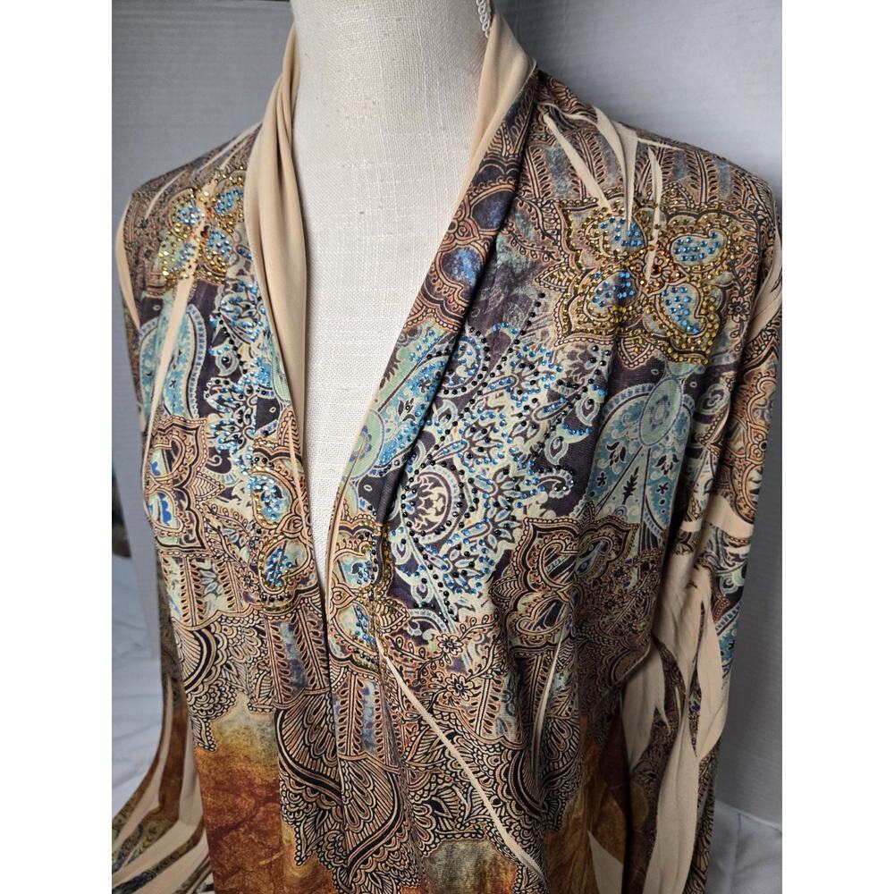 Vtg OS Cover Rhinestone Cardigan Boho Indie Western Openfront Paysley Kimono - Picture 4 of 13